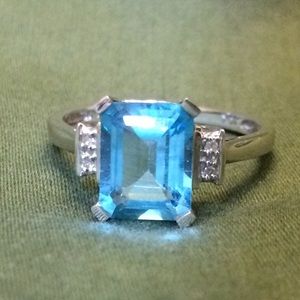 10K White Gold Blue Topaz Diamond Ring